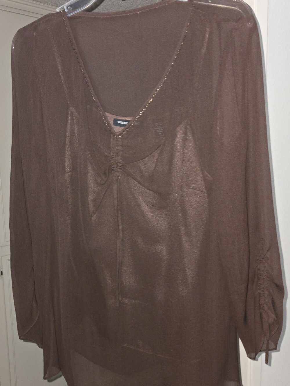 Valerie Stevens Brown Sheer V-Neck Tie-Sleeve Blouse